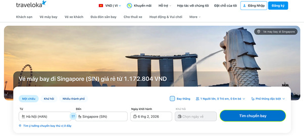 Traveloka là công cụ để mua vé máy bay Singapore giá rẻ